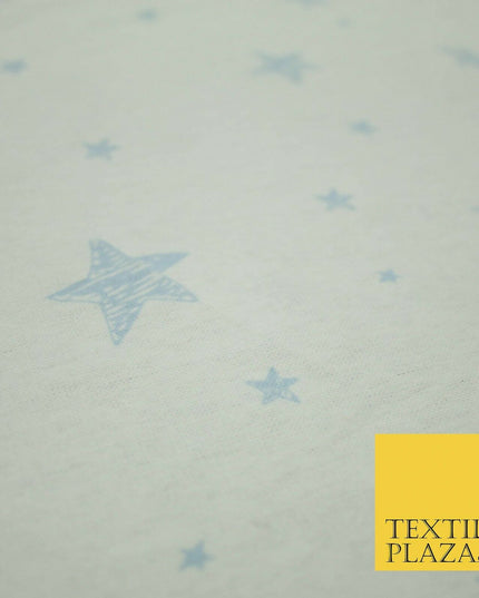 White Baby Blue Sketch Multi Star Brushed Cotton Winceyette Fabric Flannel 5532