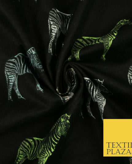 Black Wild Zebra Lime Aqua Animal Brushed Cotton Winceyette Fabric Flannel 5526