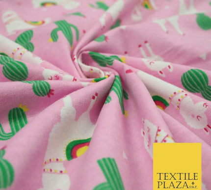 Pink Llama Cactus Rainbow Alpaca Brushed Cotton Winceyette Fabric Flannel 5516