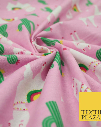 Pink Llama Cactus Rainbow Alpaca Brushed Cotton Winceyette Fabric Flannel 5516
