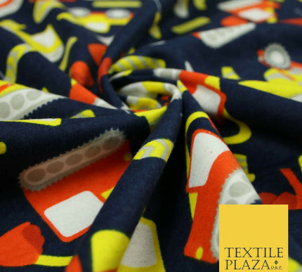 Navy Blue Construction Lorry Kids Brushed Cotton Winceyette Fabric Flannel 5517