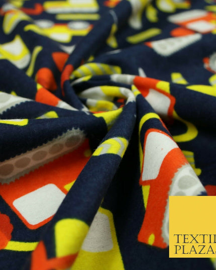 Navy Blue Construction Lorry Kids Brushed Cotton Winceyette Fabric Flannel 5517