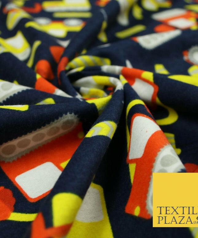 Navy Blue Construction Lorry Kids Brushed Cotton Winceyette Fabric Flannel 5517