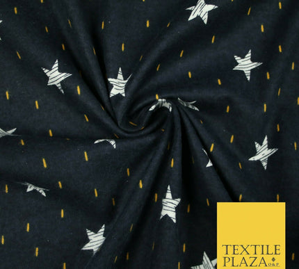 Navy Blue Sketch Stars Yellow Dash Brushed Cotton Winceyette Fabric Flannel 5531