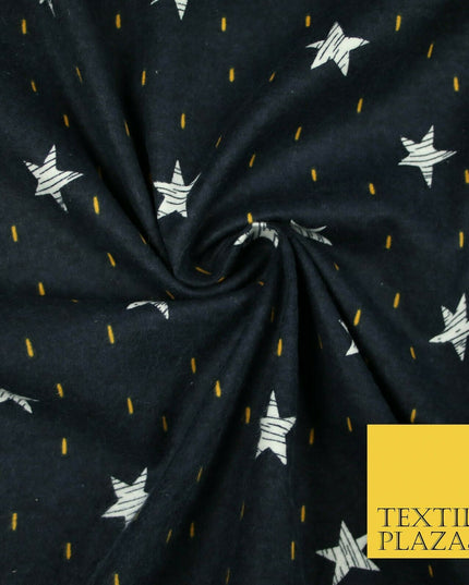 Navy Blue Sketch Stars Yellow Dash Brushed Cotton Winceyette Fabric Flannel 5531