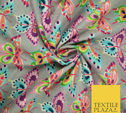 Grey Colourful Artsy Butterflies Brushed Cotton Winceyette Fabric Flannel 5525