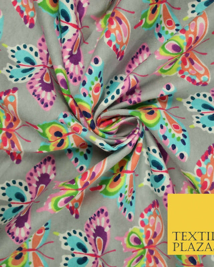 Grey Colourful Artsy Butterflies Brushed Cotton Winceyette Fabric Flannel 5525