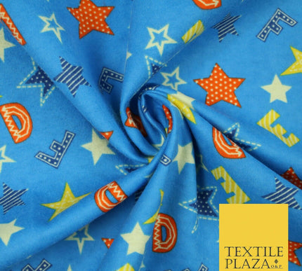 Turquoise Alphabet Stars Stripes Brushed Cotton Winceyette Fabric Flannel 5518