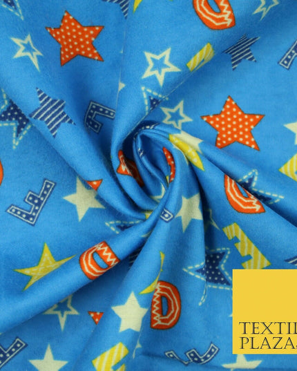 Turquoise Alphabet Stars Stripes Brushed Cotton Winceyette Fabric Flannel 5518
