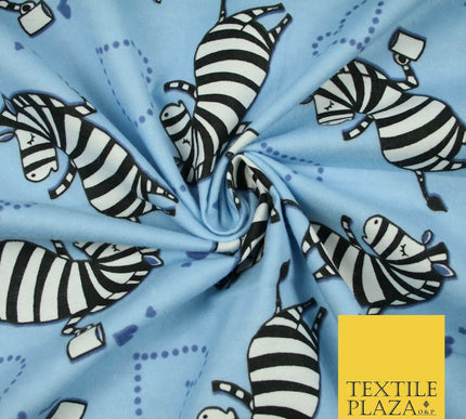Baby Blue Cheeky Zebra Hearts Brushed Cotton Winceyette Fabric Flannel Kids 5514