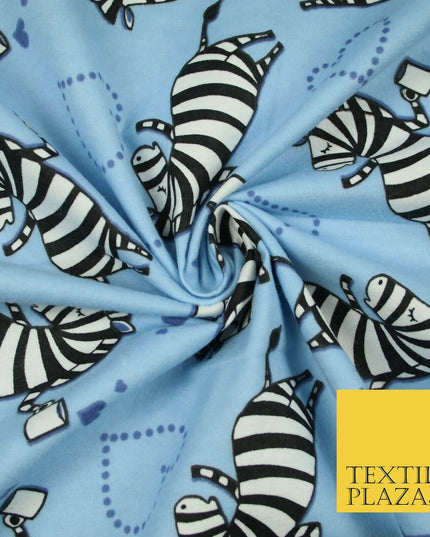 Baby Blue Cheeky Zebra Hearts Brushed Cotton Winceyette Fabric Flannel Kids 5514