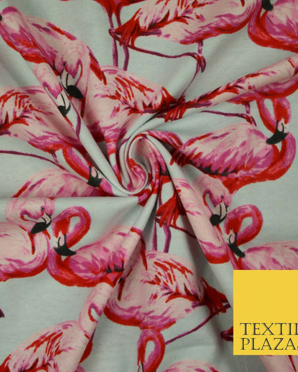 Pale Aqua Blue Large Flamingos Brushed Cotton Winceyette Fabric Flannel 5530
