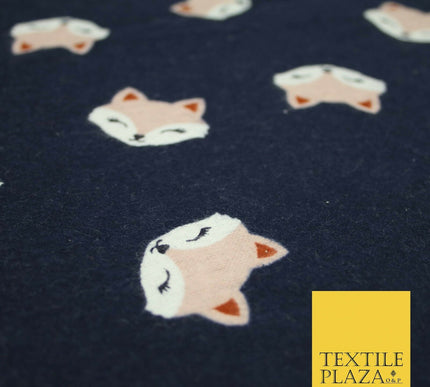 Navy Blue Shy Foxes Playful Kids Brushed Cotton Winceyette Fabric Flannel 5524