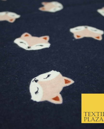 Navy Blue Shy Foxes Playful Kids Brushed Cotton Winceyette Fabric Flannel 5524