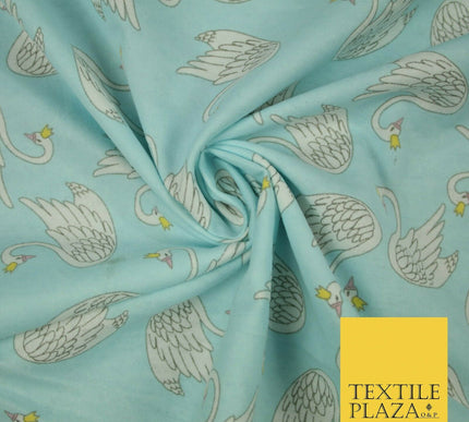 Aqua Blue Swans Princess Crown Kid Brushed Cotton Winceyette Fabric Flannel 5529