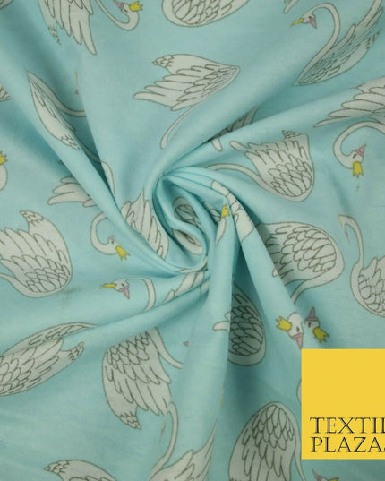 Aqua Blue Swans Princess Crown Kid Brushed Cotton Winceyette Fabric Flannel 5529