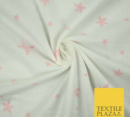 White Baby Pink Sketch Multi Star Brushed Cotton Winceyette Fabric Flannel 5533