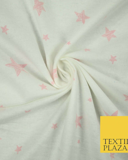 White Baby Pink Sketch Multi Star Brushed Cotton Winceyette Fabric Flannel 5533