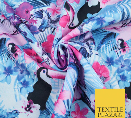 Blue Pink Toucan Bird Tropical Floral Wildlife Panama Bi-Stretch Fabric 58" 5513
