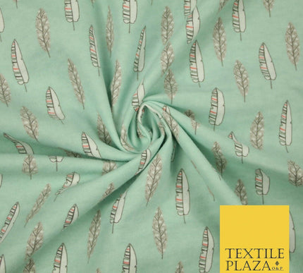 Pale Mint Green Artsy Feathers Brushed Cotton Winceyette Fabric Flannel 5521
