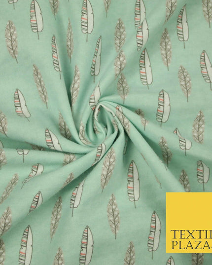 Pale Mint Green Artsy Feathers Brushed Cotton Winceyette Fabric Flannel 5521