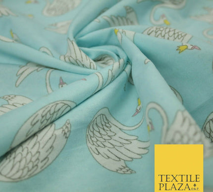Aqua Blue Swans Princess Crown Kid Brushed Cotton Winceyette Fabric Flannel 5529
