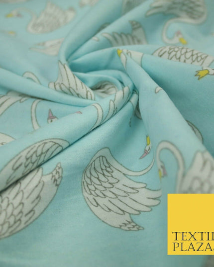 Aqua Blue Swans Princess Crown Kid Brushed Cotton Winceyette Fabric Flannel 5529