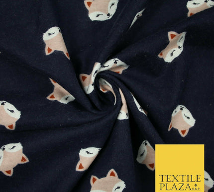 Navy Blue Shy Foxes Playful Kids Brushed Cotton Winceyette Fabric Flannel 5524