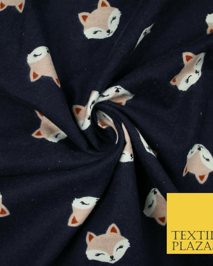Navy Blue Shy Foxes Playful Kids Brushed Cotton Winceyette Fabric Flannel 5524