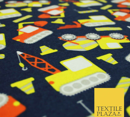 Navy Blue Construction Lorry Kids Brushed Cotton Winceyette Fabric Flannel 5517