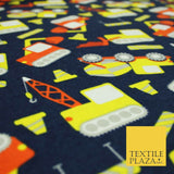 Navy Blue Construction Lorry Kids Brushed Cotton Winceyette Fabric Flannel 5517