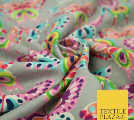 Grey Colourful Artsy Butterflies Brushed Cotton Winceyette Fabric Flannel 5525