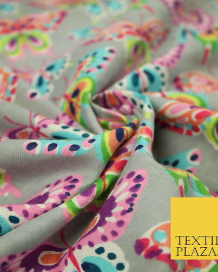Grey Colourful Artsy Butterflies Brushed Cotton Winceyette Fabric Flannel 5525