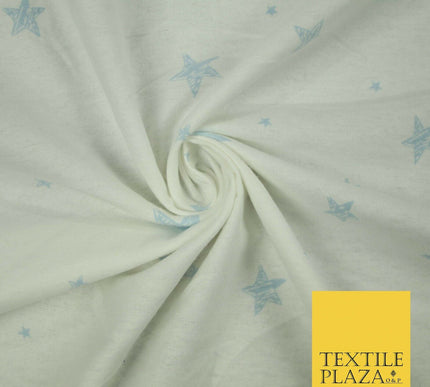 White Baby Blue Sketch Multi Star Brushed Cotton Winceyette Fabric Flannel 5532