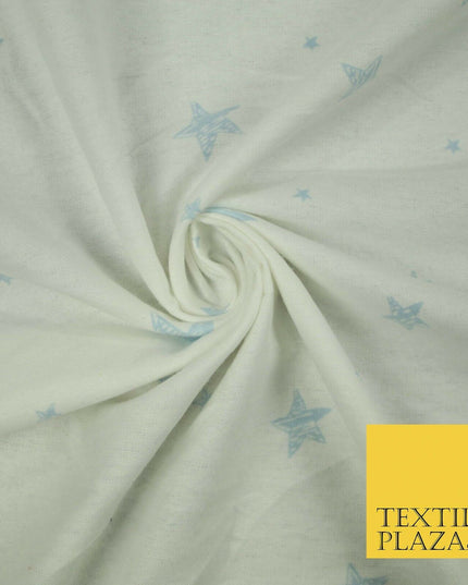 White Baby Blue Sketch Multi Star Brushed Cotton Winceyette Fabric Flannel 5532