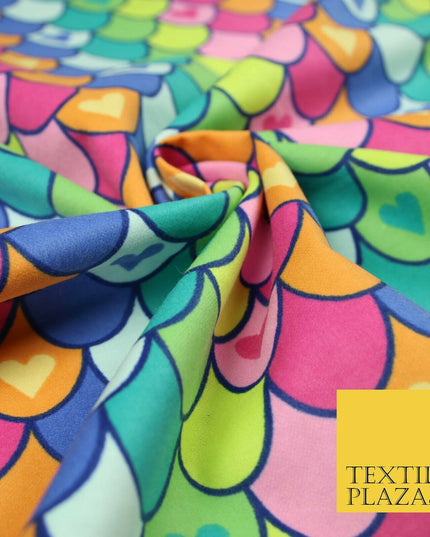 Scallop Multicolour Rainbow Hearts Brushed Cotton Winceyette Fabric Flannel 5519