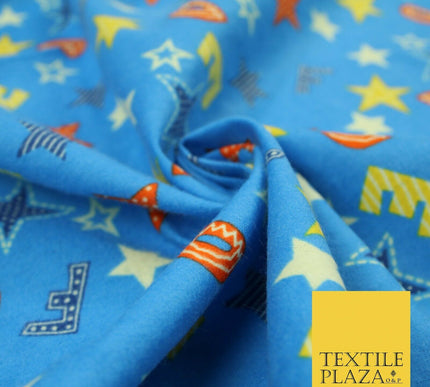 Turquoise Alphabet Stars Stripes Brushed Cotton Winceyette Fabric Flannel 5518
