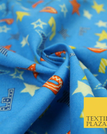 Turquoise Alphabet Stars Stripes Brushed Cotton Winceyette Fabric Flannel 5518