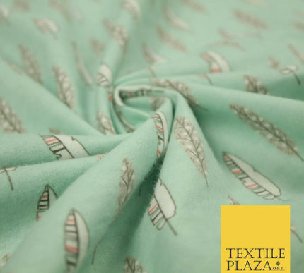 Pale Mint Green Artsy Feathers Brushed Cotton Winceyette Fabric Flannel 5521