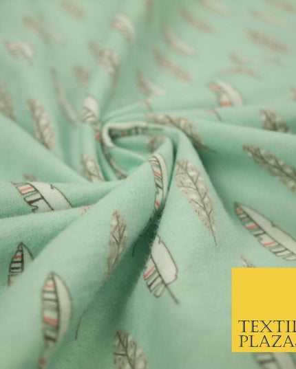 Pale Mint Green Artsy Feathers Brushed Cotton Winceyette Fabric Flannel 5521
