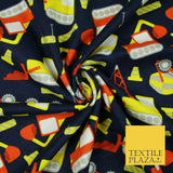Navy Blue Construction Lorry Kids Brushed Cotton Winceyette Fabric Flannel 5517