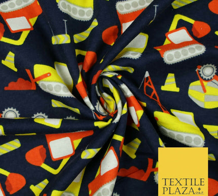 Navy Blue Construction Lorry Kids Brushed Cotton Winceyette Fabric Flannel 5517