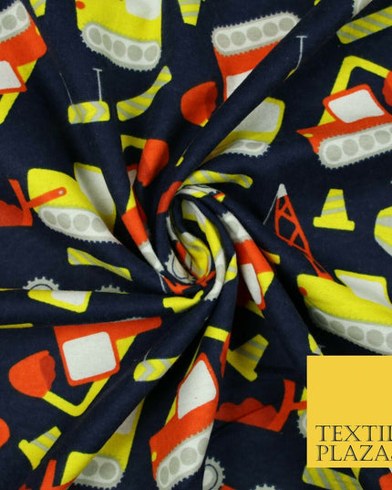 Navy Blue Construction Lorry Kids Brushed Cotton Winceyette Fabric Flannel 5517