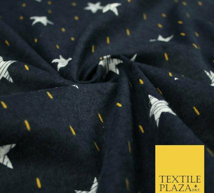 Navy Blue Sketch Stars Yellow Dash Brushed Cotton Winceyette Fabric Flannel 5531