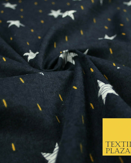 Navy Blue Sketch Stars Yellow Dash Brushed Cotton Winceyette Fabric Flannel 5531