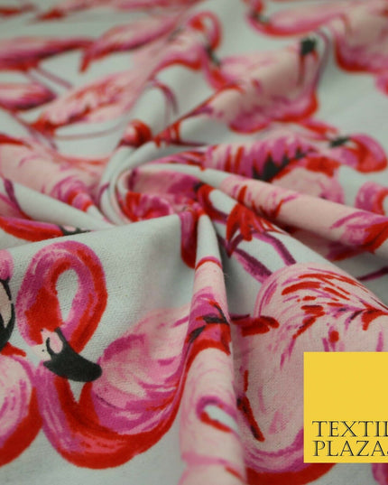Pale Aqua Blue Large Flamingos Brushed Cotton Winceyette Fabric Flannel 5530