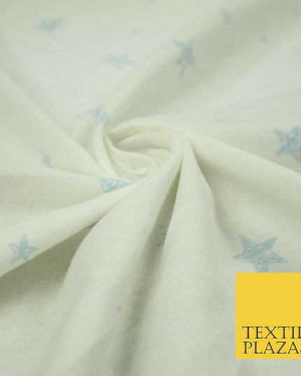 White Baby Blue Sketch Multi Star Brushed Cotton Winceyette Fabric Flannel 5532