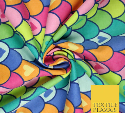 Scallop Multicolour Rainbow Hearts Brushed Cotton Winceyette Fabric Flannel 5519