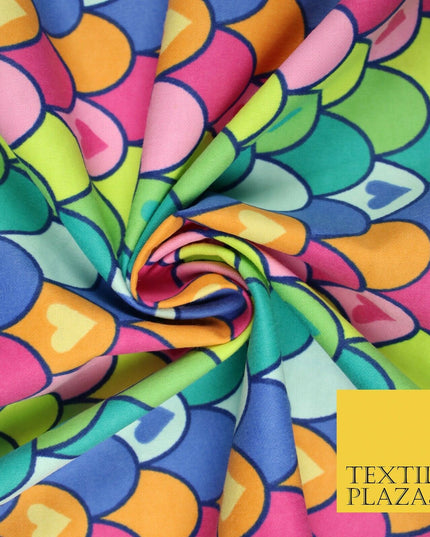 Scallop Multicolour Rainbow Hearts Brushed Cotton Winceyette Fabric Flannel 5519