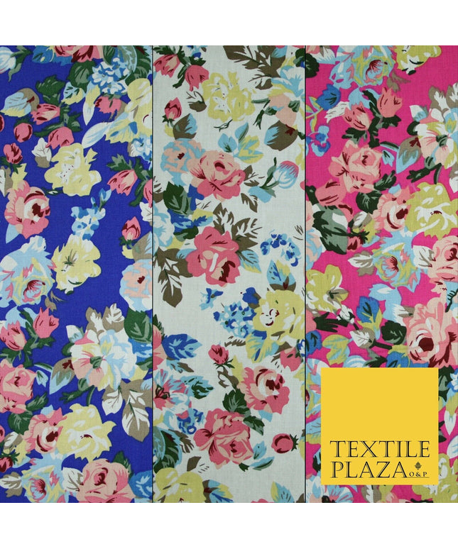 Rose Floral Bunch Printed 100% Cotton Poplin Summer Dress Fabric Material 59"